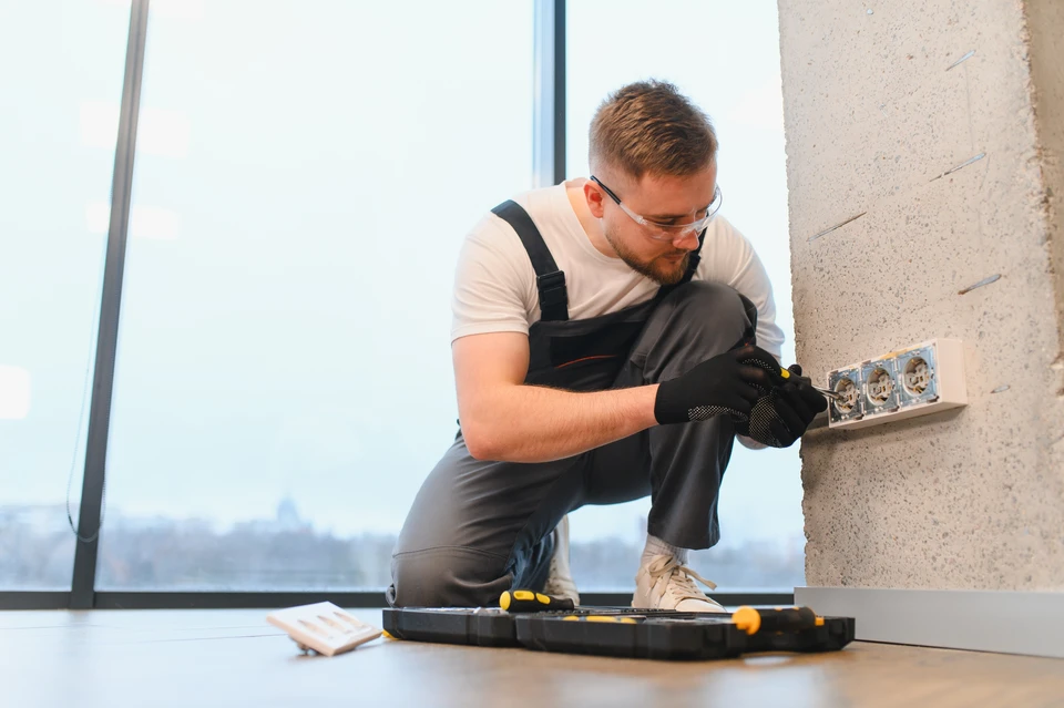 Électricien professionnel en chemise à carreaux travaillant avec des équipements électriques